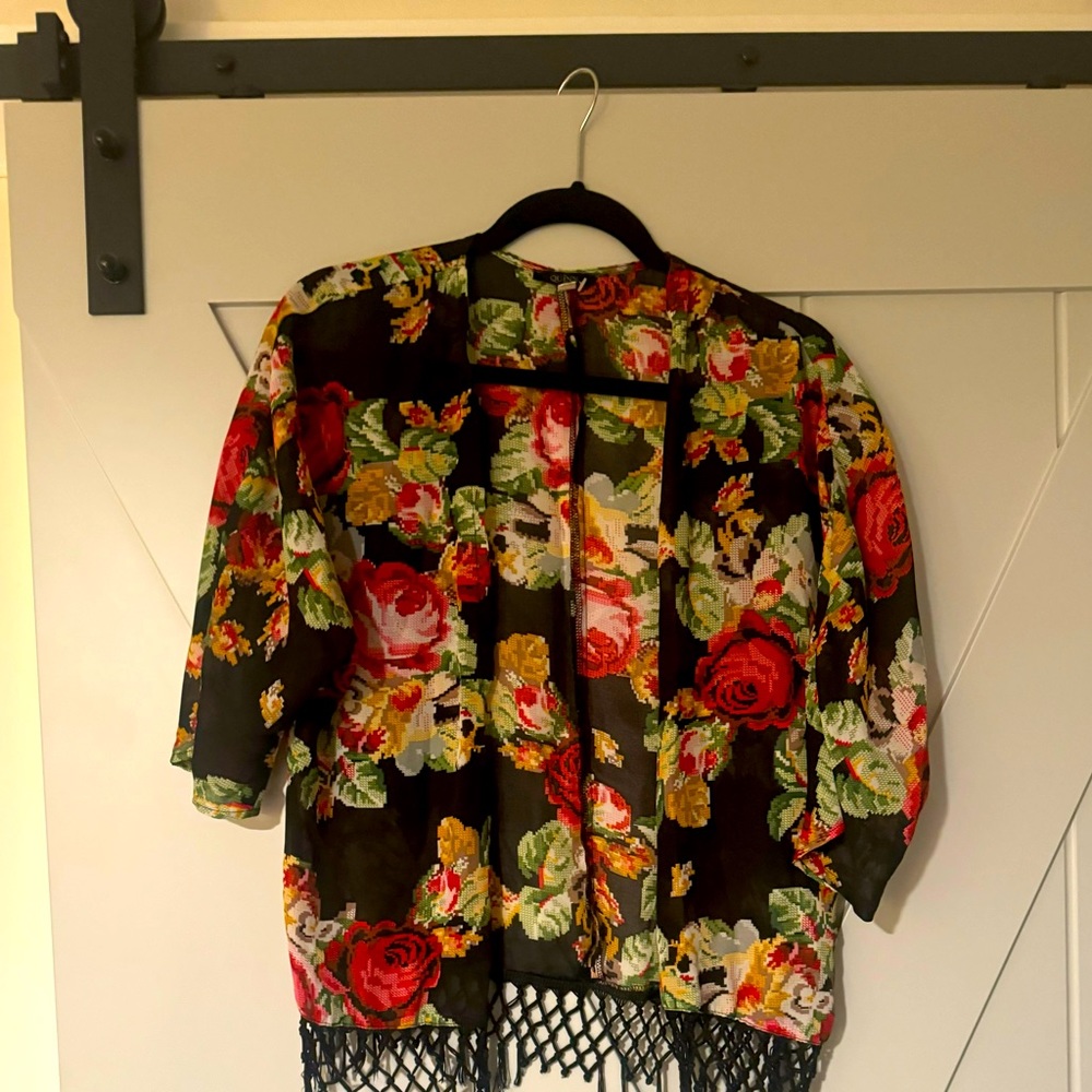 Black red yellow multicolor kimono open shirt.Gorgeous pattern. Retro. Vibrant.